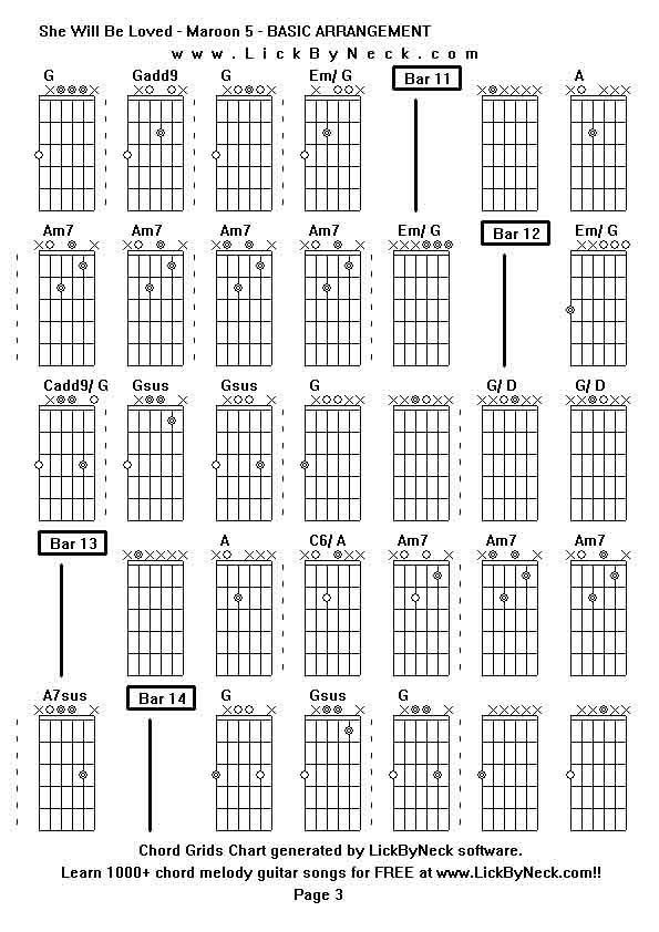 Chord Grids Chart of chord melody fingerstyle guitar song-She Will Be Loved - Maroon 5 - BASIC ARRANGEMENT,generated by LickByNeck software.